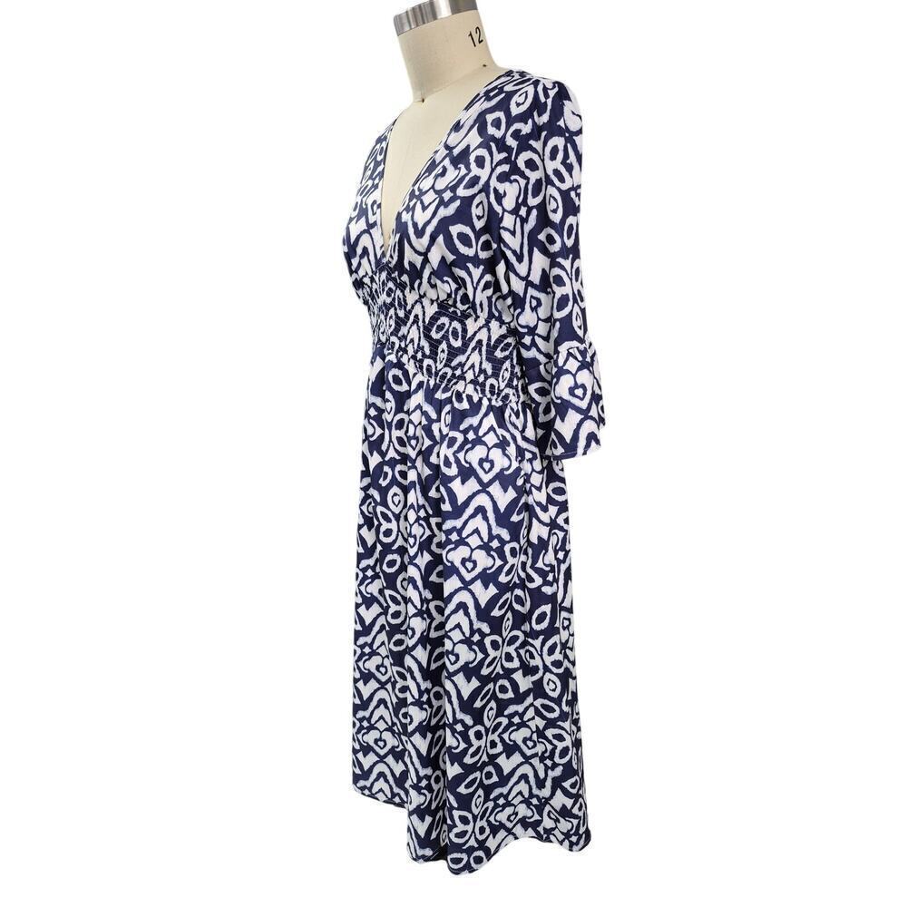 Navy Blue/White Summer Dress Elastic High Waist V-Neck Sz XL Lightweight